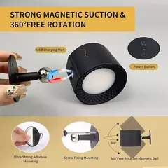 Imagem do LED cabeça dupla lâmpada de parede com controle remoto, 360 ° Rotatable, USB Recarga, sem fio, portátil, Night Light para o quarto, lâmpada de leitura, Touch Control