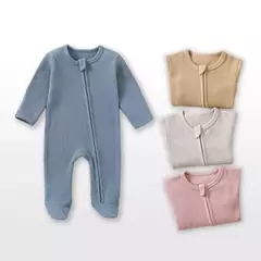 Macacão infantil de zíper de manga comprida, pijama sólido, algodão orgânico, sleepsuits waffle, macacão meninos e meninas, 100% algodão - loja online