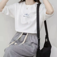 Camiseta com gola redonda feminina, solta, estamparia vegetal, manga curta, blusa casual para estudantes, cor sólida, estilo coreano, verão - Wolf Magazine