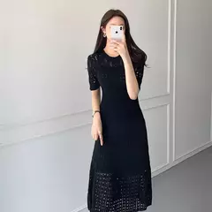 Vestido de malha de manga curta feminino, seda gelada, branco, oco Fashion, Celebridade Linha A, Verão, Novo, 2024 - comprar online