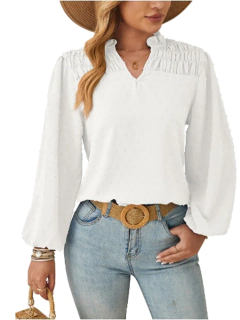 Camiseta feminina plissada de manga comprida com decote em v, blusa elegante, monocromática, feminina, outono