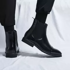 Men's Red Sole PU Ankle Chelsea Boots, Business Round Toe Slip-On Shoes - loja online