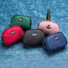 Mulheres couro de vaca com zíper duplo Carteiras Bolsa, Bee Cartão Hole Bag, Batom Case, Couro Mini fone de ouvido Coin Purse, feminino - comprar online