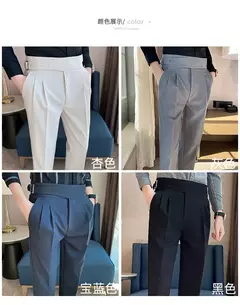 Imagem do Estilo britânico dos homens de cintura alta vestido casual calça masculina cinto design calças finas formal escritório social vestido de festa de casamento terno calças
