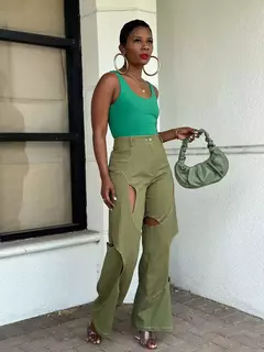 Contraste cor patchwork calças de perna larga, botão de cintura alta, fecho de zíper, oco para fora, calça reta, azul, verde - comprar online