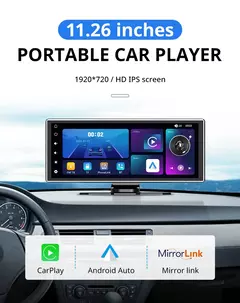 Reprodutor de vídeo multimídia com tela sensível ao toque IPS de 11,26 polegadas portátil 4K DVR sem fio CarPlay/Android Auto Dual Lens Gravador de condução