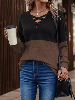 Imagem do Camisas femininas coloridas com decote v, camiseta de manga comprida, tops casuais da moda, pulôver primavera e outono