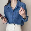 Camisa jeans azul retrô feminina, camisa de manga comprida, jaqueta jeans de peito único, camisas monocromáticas, novo design, outono, 2024