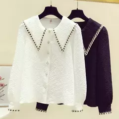 Blusa feminina de botão solto, manga longa, monocromática, roupas de primavera e outono, camisa jovem, tops casuais, moda coreana, nova - loja online