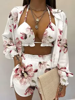 Fato de banho feminino de três peças, moda praia sexy, biquíni de cintura alta, maiô estampado, shorts para cobrir, moda praia de verão, novo 2024
