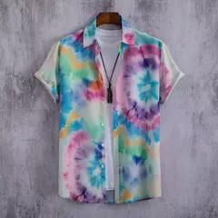 Camisa havaiana estampada geométrica masculina, blusa de praia de peito único, tops de manga curta, roupa de feriado masculina, moda flor, 2023 - comprar online