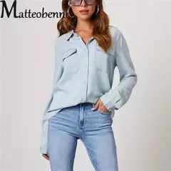 Camisa jeans fina de peito único feminina, bolso de emenda, manga longa, tops de lapela, confortável, blusa casual para mulheres, outono - comprar online