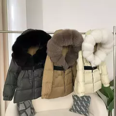 Oftbuy 2024 jaqueta de inverno feminina gola de pele de raposa natural real com capuz grosso quente 90% pato branco para baixo casaco feminino streetwear casual