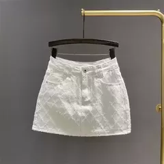 Mini vestido jeans de cintura alta feminino, estilo tweed, verão, novo visual, garota picante, anti-exposição, saia linha A, branco, 2024