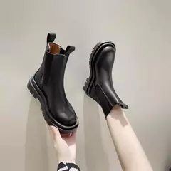 Imagem do Botas de joelho espessadas para mulheres, salto quadrado longo, botas de motocicleta retrô, preto e branco, novo, inverno, 2024