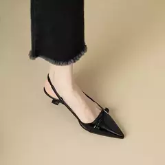 Sandálias de salto médio de couro envernizado pontiagudas para mulheres, salto magro retrô, sapatos vazios nas costas, vinho tinto francês, verão, novo, 2022