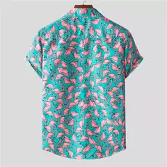 Imagem do Camisa de praia de manga curta masculina, tops florais soltos, roupa de secagem rápida, estampa havaiana flamingo, férias à beira-mar