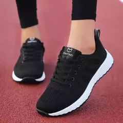 Sapatilhas femininas com cordões em malha respirável, sapatos casuais, sapatos de caminhada, tênis plano, rosa, preto, branco na internet