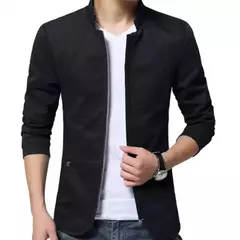 Blazer casual masculino com gola de suporte, jaqueta de negócios elegante, casaco monocromático com bolsos de zíper fino e fino, primavera e outono na internet