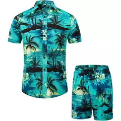 Conjunto de camisa de praia casual de verão para homens, manga curta, estilo havaiano, estampado, shorts, design com cordão, moda, roupas masculinas - loja online