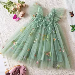Vestido de malha bordado feminino, Alça de fada, Asas de arco traseiro, Princesa, Aniversário, Doces Bebés, Verão - loja online