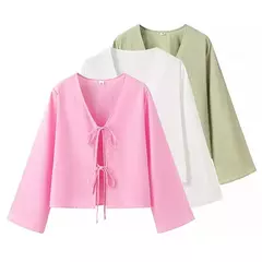 TRAF-Top feminino de manga comprida, camisas casuais, blusas amarradas femininas, blusas de praia de verão, branca, 2024