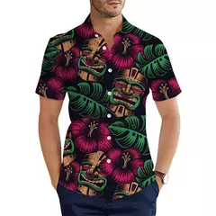 Camisas Tiki de mangas curtas masculinas, estampa 3D, tendência legal da moda, tops havaianos para festas na praia, tops soltos e respiráveis, 2024