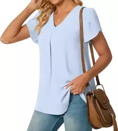 Blusa sexy com plissado e v pescoço para as mulheres, camisa de manga curta, cor sólida, solto, roupas de trabalho, verão, sze-st23015 - comprar online