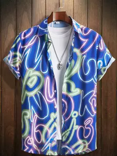 Camisa masculina de lapela estampa estilo néon, camisa casual de manga curta com botão, roupas masculinas, streetwear havaiano, verão - comprar online