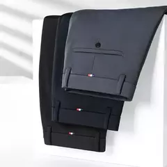 Calça fina de seda láctea elástica de quatro lados masculina, casual para escritório, nova, verão