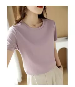 Camisetas de seda de algodão mercerizado femininas, camiseta casual simples, decote em O, manga curta, solta, reta, simples, minimalista, verão, 2023 - loja online