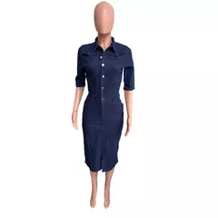 Vestido feminino de comprimento médio com botões elásticos, saia jeans, saia de quadril, manga curta, tendência, outono - loja online