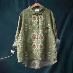 Sardinha de peixe retrô casual feminina arte camisa de bolso manga longa, camisas estampadas estilo havaiano, tops com gola v, verão - comprar online