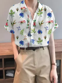 Camisa feminina colorida em 3D com estampa floral, tops de manga curta, botão, gola elegante, primavera e outono, 2024 - comprar online