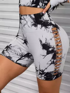 Tie Dye Hollow Out Shorts de levantamento de bumbum de cintura alta para mulheres, exercício sexy, ao ar livre e corrida, verão