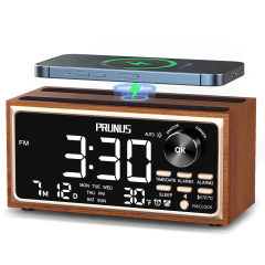 Retro vintage duplo despertador rádio fm 15w carregamento rápido sem fio display led dimmer controle auto-escurecimento retro relógio quarto