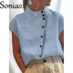 Camisa elegante de algodão com gola de linho para mulheres, estilo simples, cardigã de peito único, blusa casual solta, verão feminino, 2023 - Wolf Magazine