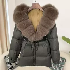Oftbuy 2024 jaqueta de inverno feminina gola de pele de raposa natural real com capuz grosso quente 90% pato branco para baixo casaco feminino streetwear casual - comprar online