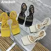 Aneikeh-bombas de malha sexy para mulheres, sandálias de dedo quadrado, salto alto, lace-up, cross-tied, stiletto, vestido de festa, verão, 2022