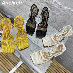 Aneikeh-bombas de malha sexy para mulheres, sandálias de dedo quadrado, salto alto, lace-up, cross-tied, stiletto, vestido de festa, verão, 2022