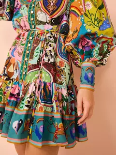 Mini saia feminina estampada, peito único, pescoço em pé, manga bolha, cintura com gravata, comprimento do joelho, vestido-camisa, moda verão, 2024 - Wolf Magazine
