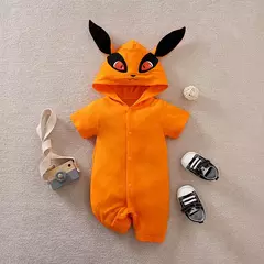 Bodysuit bebê manga curta, bonito chapéu de raposa anime, algodão confortável, casual, verão