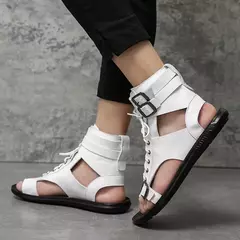 Imagem do Sapatos masculinos com renda e fivela de couro casuais, sandálias de praia respiráveis, gladiadores de verão, preto, branco, plus size, novo