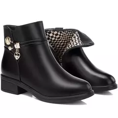 Botas de couro de strass para mulheres, sapatos de salto baixo, cabeça redonda, - Wolf Magazine