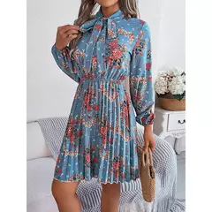 Imagem do Vestido de Natal para as mulheres, manga longa, solto, elástico, estampa de flores, plissado, gola redonda, mini, novo, outono, 2022