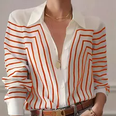 Camisa de botão feminina com estampa de linha, blusas elegantes, primavera e verão, roupas femininas plus size, preto e branco, 2024 - Wolf Magazine