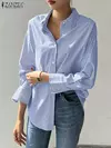 ZANZEA-Blusa feminina listrada de manga comprida, tops de túnica com botões, camisas elegantes, casual e elegante, verão, 2023