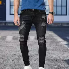 Calças jeans skinny rasgadas elásticas masculinas, bordado branco, algodão, hip hop, buraco negro, slim fit, calças jeans grandes, alta qualidade - Wolf Magazine