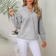 Imagem do Camisa listrada multicolorida feminina, decote em v, colarinho branco, colarinho branco, moda trabalho, manga comprida, estilo viajante, novo, verão