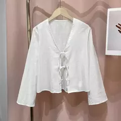 Camisas casuais de linho com renda para mulheres, oco, gola V, blusas de manga comprida, tops para senhora, streetwear, novo, primavera, 2022 - loja online